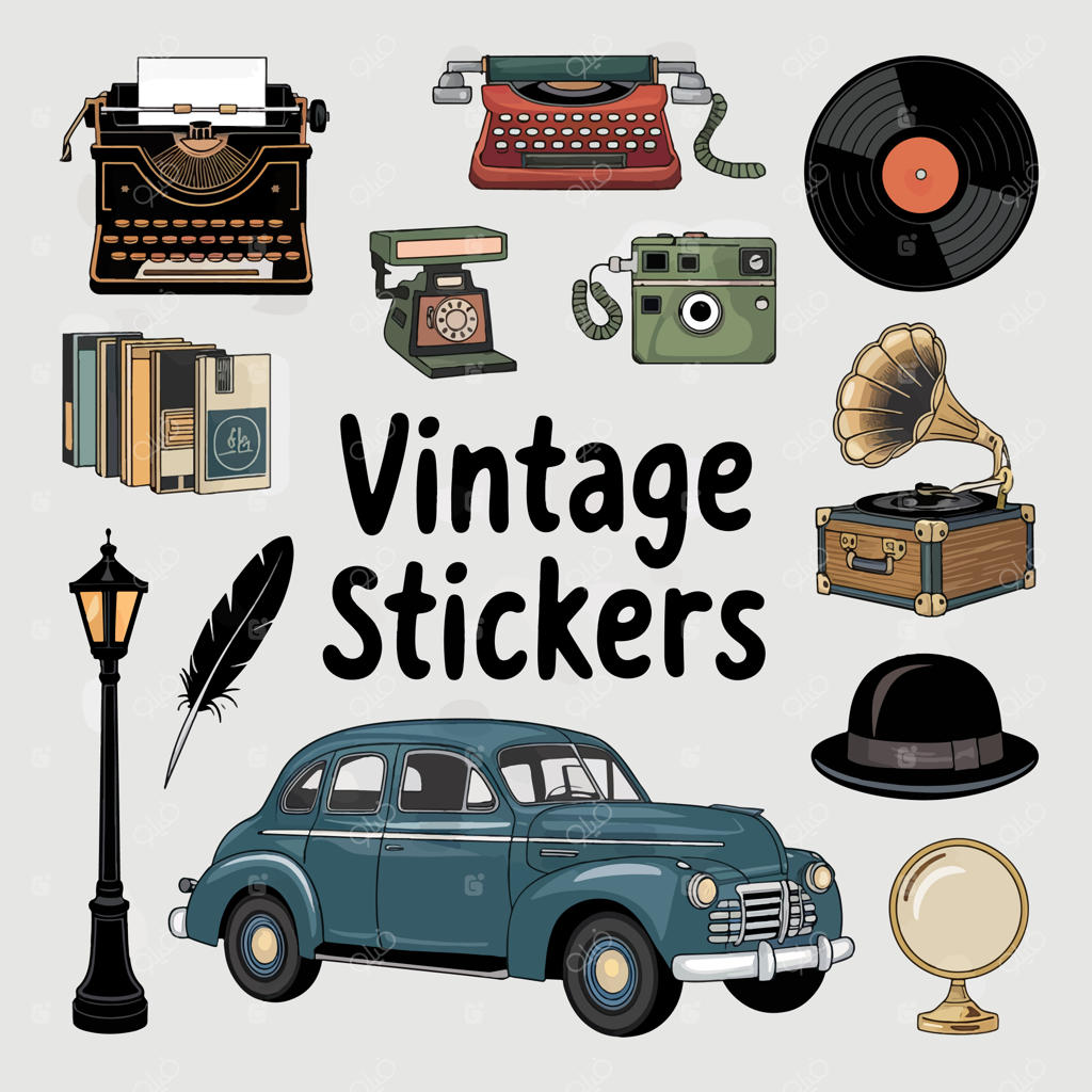 مجموعه استیکر شامل ماشین کلاسیک و تابلوی استیکرهای وینتیج