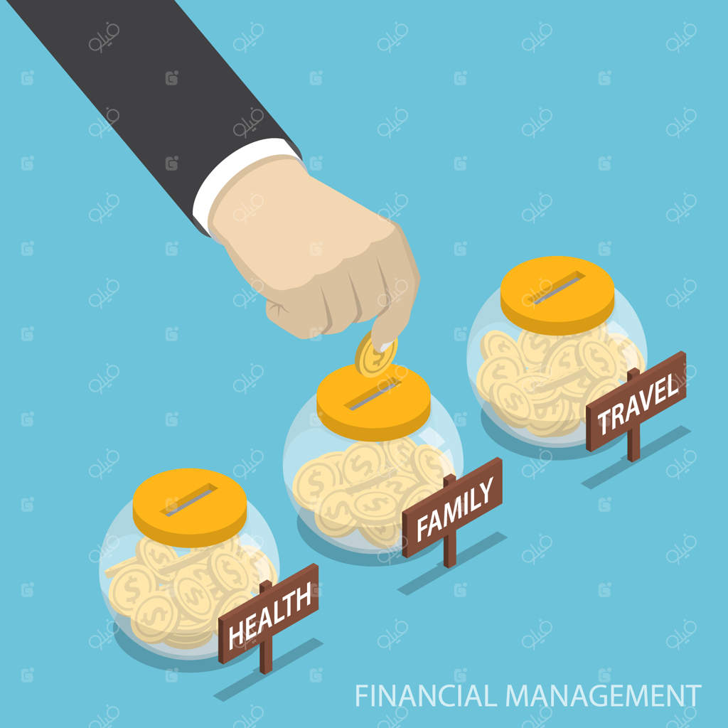 مدیرت مالی: قرار دادن سکه در شیشه های خانواده، سلامت و سفر توسط بیزینسمن ایزومتریک سه بعدی