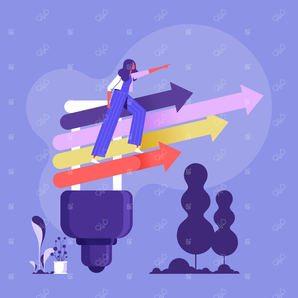 ایده خلاقانه و نوآوری: شروع کسب و کار یا الهامی برای دستیابی به اهداف موفقیت، بانو هوشمندی بر روی لامپی ایستاده که در آسمان به سوی رشد و پیشرفت می‌درخشد.