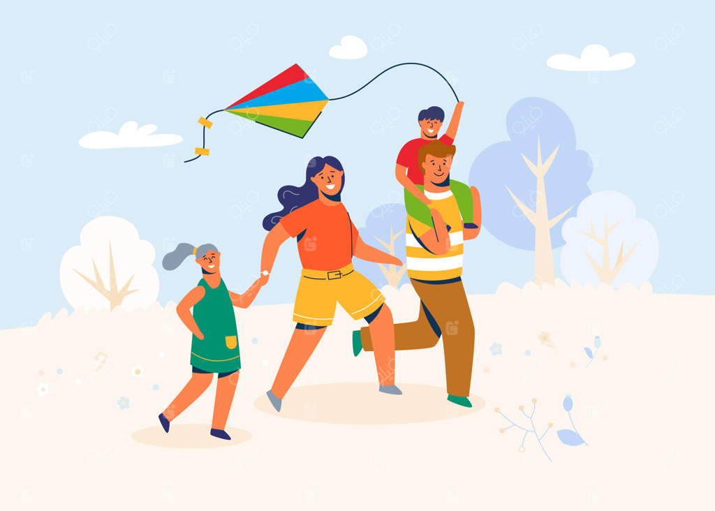 خانواده در پارک بادبادک هوا می‌کنند: پدر، مادر و بچه‌ها در فضای باز، در حال دویدن و بازی با بادبادک در آخر هفته، تعطیلات و وقت فراغت.