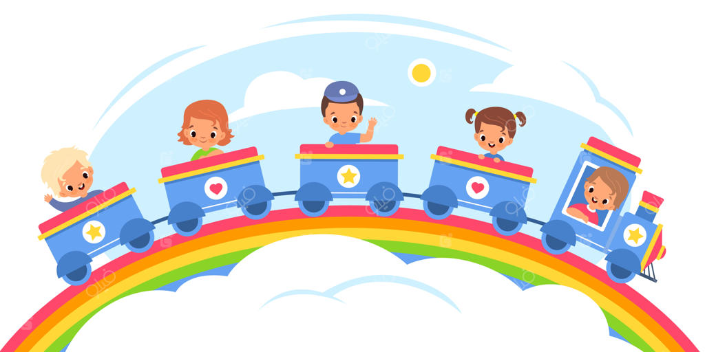 قطار بخار کودکان: سفر شاد و رنگارنگ بچه‌ها در آسمان  
کودکان خوشحال در لوکوموتیو آبی و واگن‌های بامزه سفر می‌کنند. دختران و پسران دوست‌داشتنی در تریلرهای کودکانه به یک ماجراجویی می‌روند. یک مفهوم ترابری فانتزی!