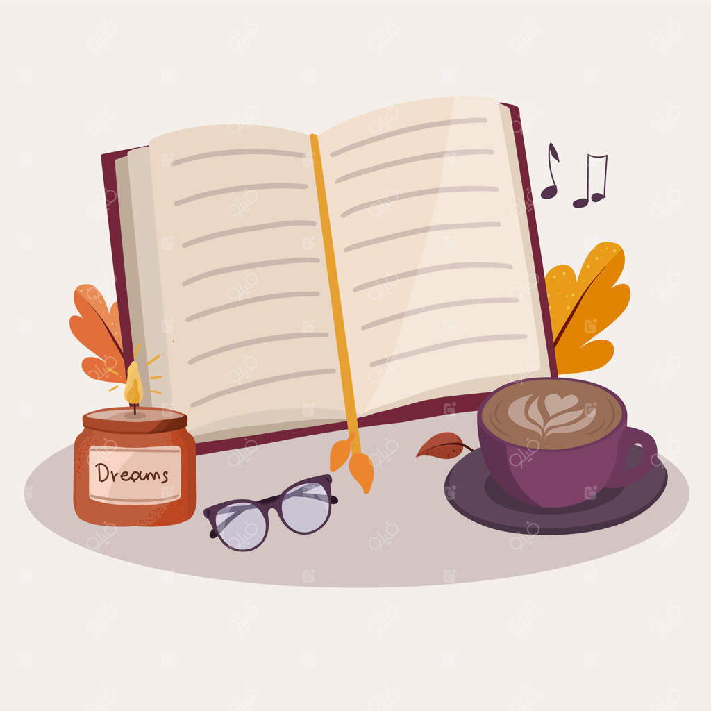 یک کتاب، قهوه، مربا، عینک و یک قلم روی میز