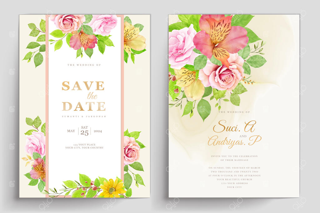 ست کارت دعوت عروسی با طراحی دستی گل‌های رز زیبا