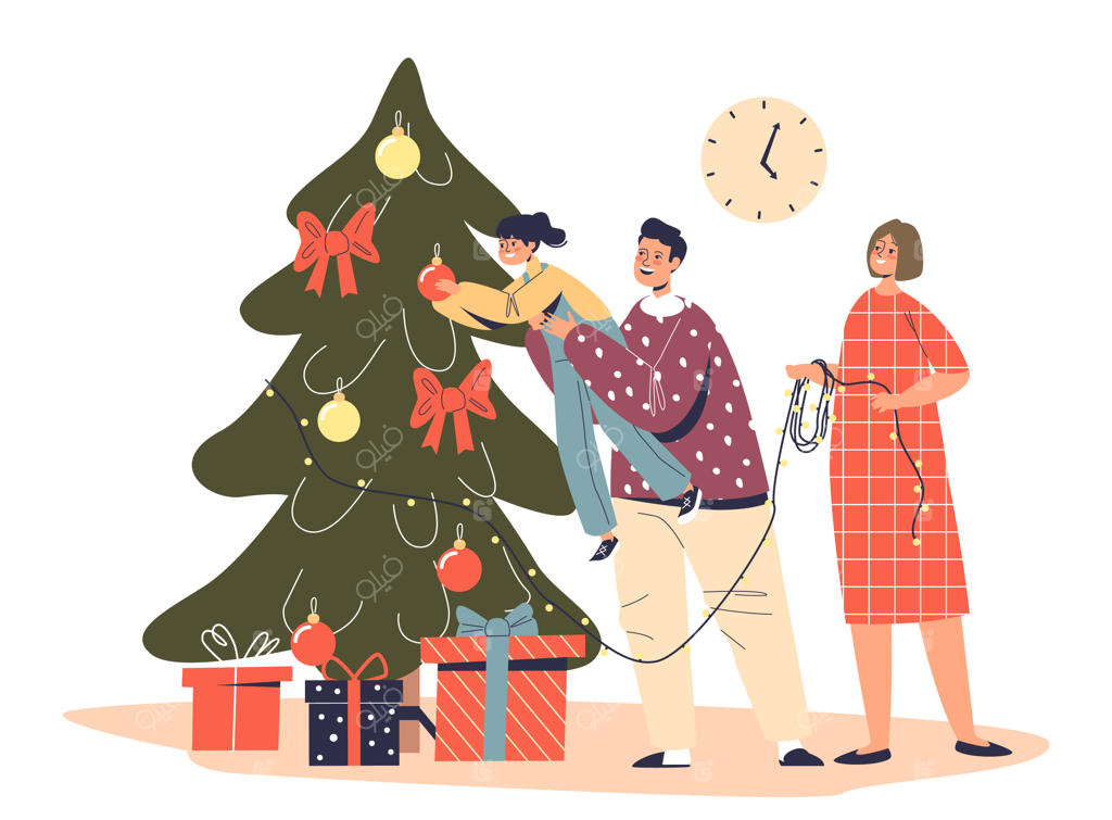 خانواده خوشحال در حال تزئین درخت کریسمس: پدر دختر کوچکش را بغل کرده تا توپ تزئینی را به درخت آویزان کند.