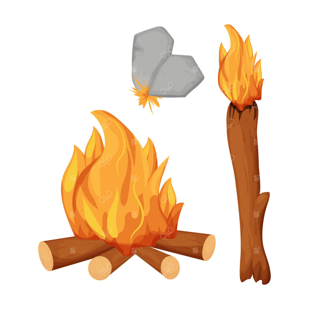 ایجاد مشعل آتش عصر سنگ و تیز کردن سنگ‌ها برای آتش، جدا شده روی زمینه سفید