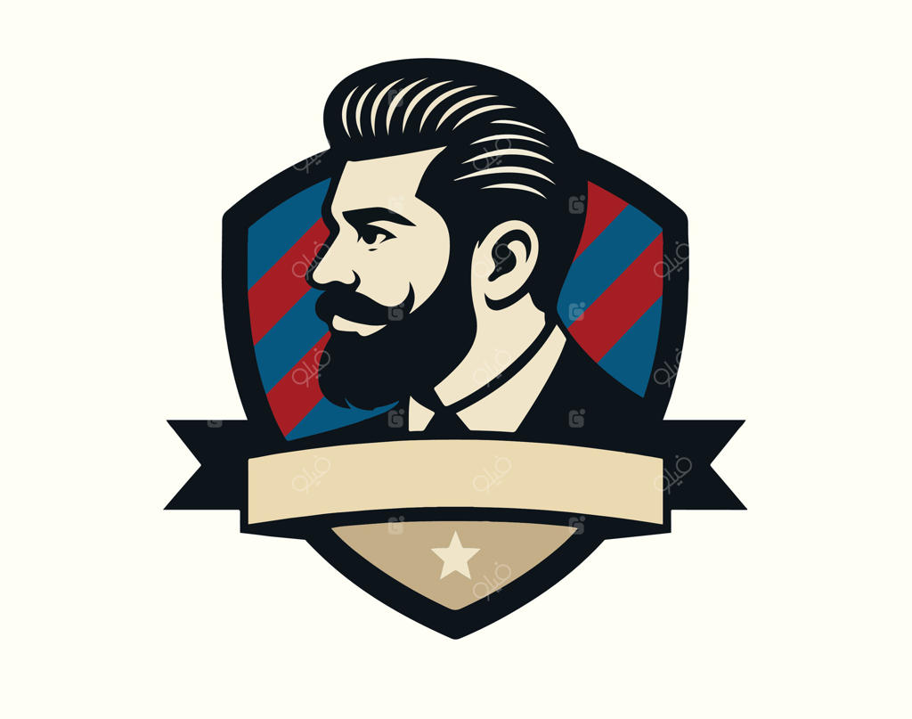 لوگوی کلاسیک آرایشگاه: مردی با ریش و موی پمپادور، نشان سپر با نوارهای آبی و قرمز