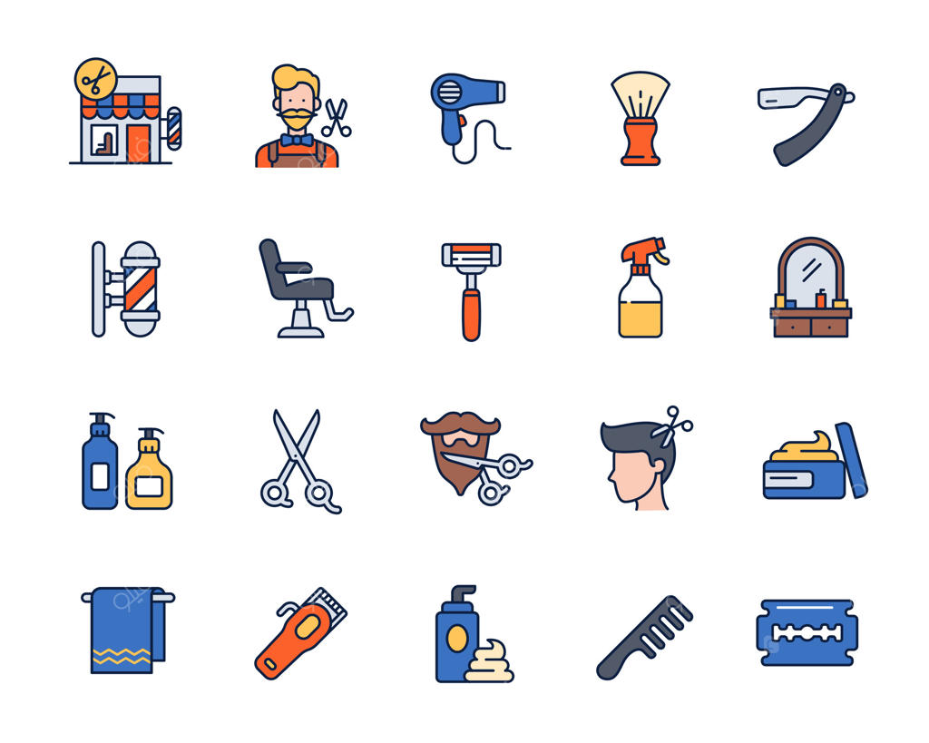 نمادهای آرایشگاه: مجموعه ابزارآلات و تجهیزات آرایشی به سبک رنگی خطی