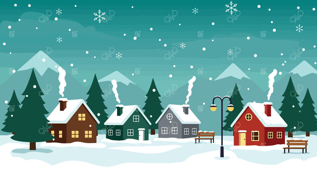 منظره دنج دهکده زمستانی با خانه‌های پوشیده از برف و درختان همیشه سبز