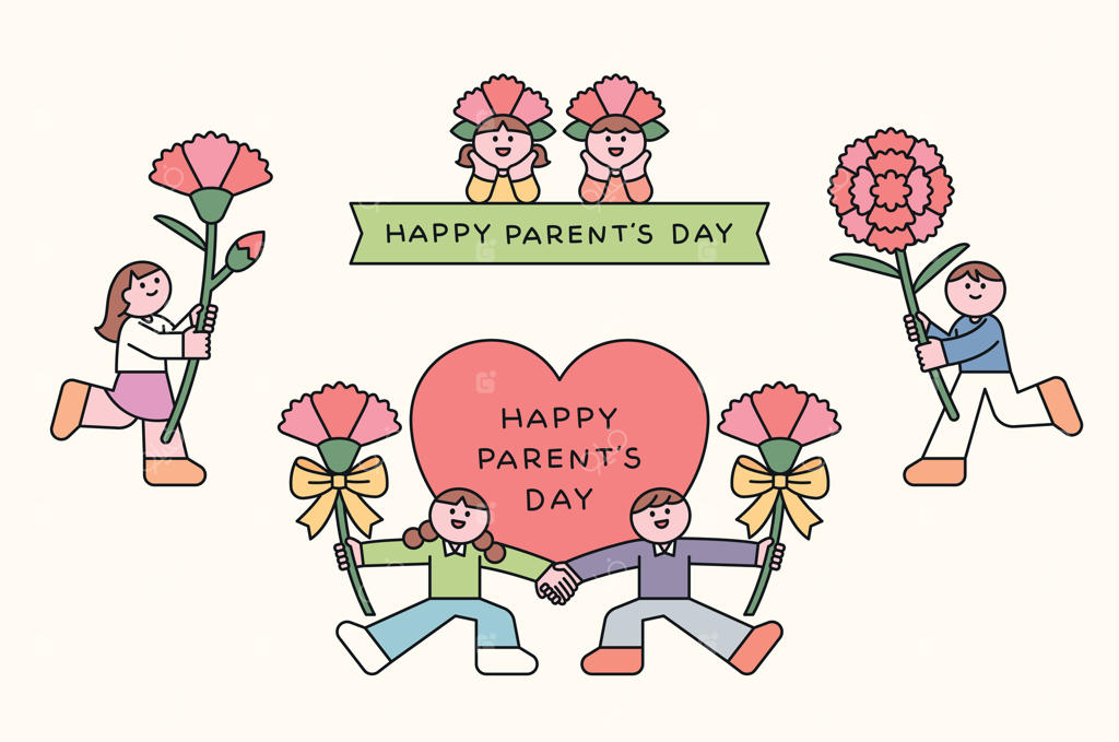 کودکان زیبا با میخک و نشانه‌های قلب برای روز والدین. مناسب برای کارت‌های تعطیلات، گرافیک‌های جشن و طراحی‌های بهاری.