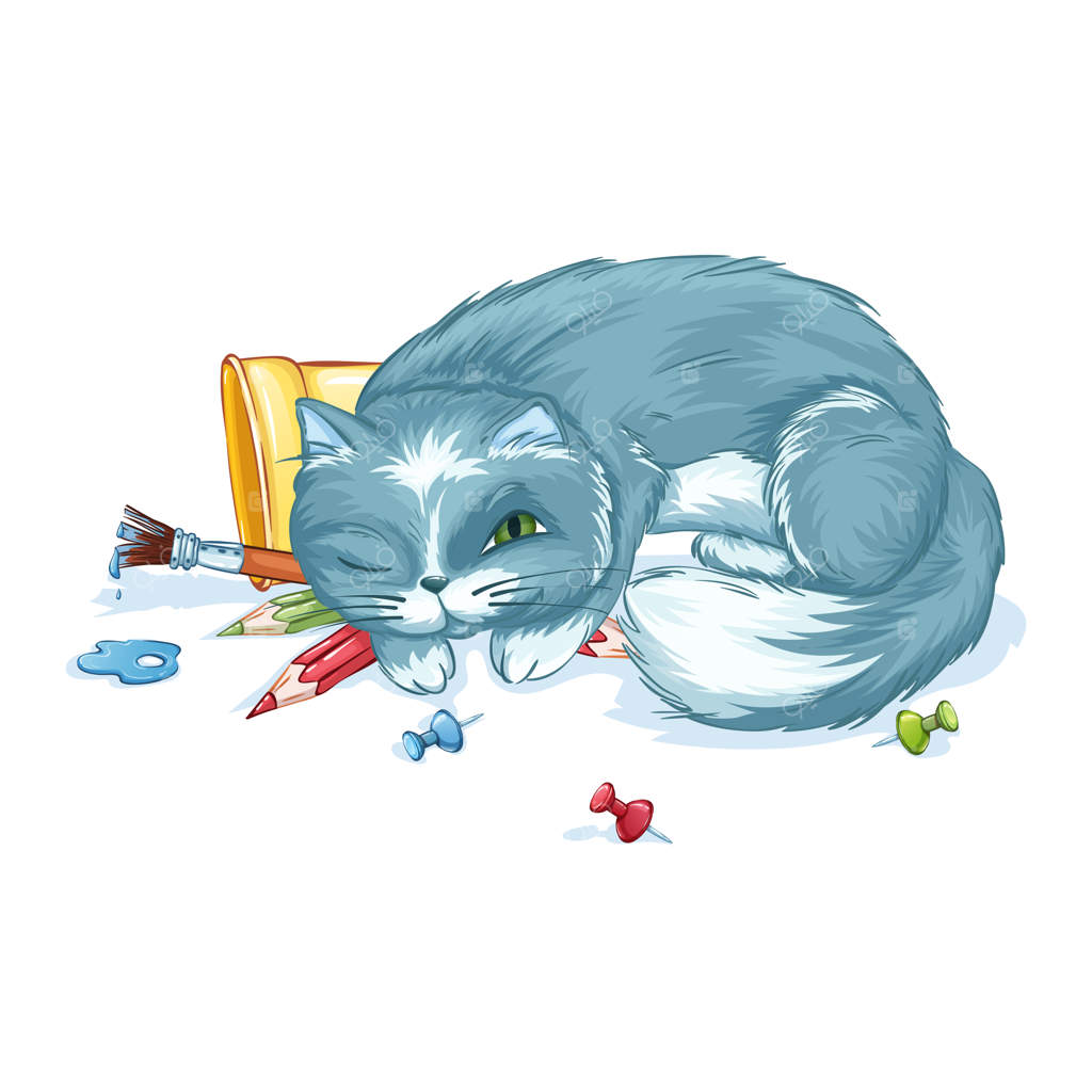 گربه خاکستری ناز روی مدادها و قلموها خوابیده است. لوازم‌التحریر. بازگشت به مدرسه.