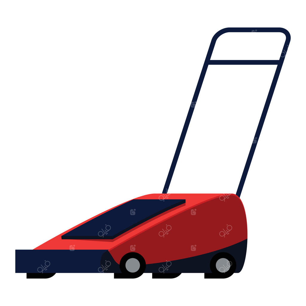 چمن‌زن قرمز در حال کوتاه کردن چمن در باغ