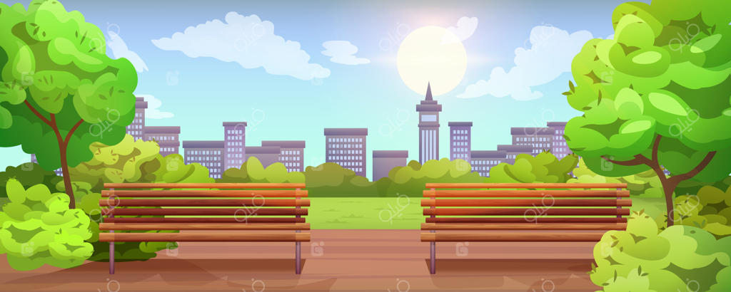 پارک شهر خالی با نیمکت چوبی، چراغ خیابانی، چمنزار و درختان. مکان عمومی شهری با مسیر پیاده‌روی. منظره تابستانی با چراغ‌ها، پیاده‌رو و ساختمان‌های شهر در افق