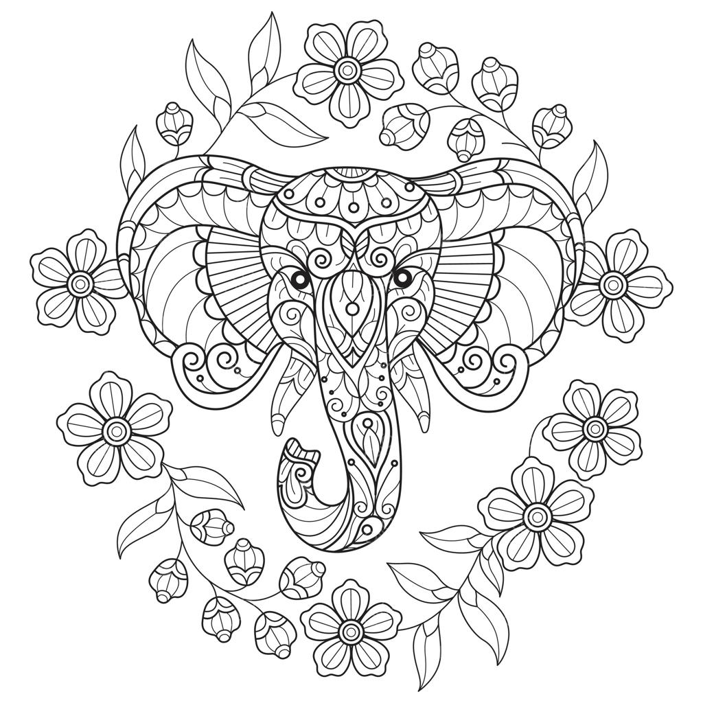 فیل و باغ گل: طراحی دستی برای کتاب رنگ‌آمیزی بزرگسالان