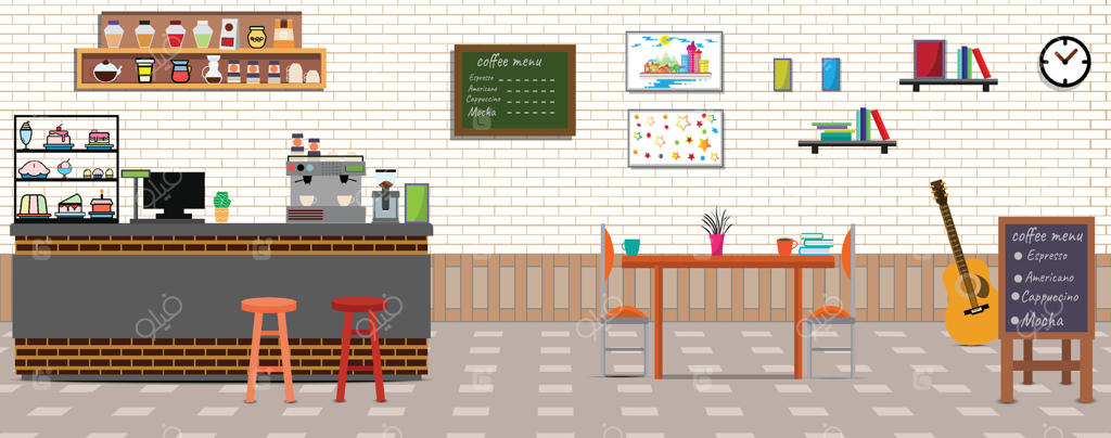 کافه‌نشینی: فضای خالی در کافی‌شاپ برای ارائه قهوه با صندوق و منوی نوشیدنی‌ها. دسرهای شیرین، پیشخوان چوبی، صندلی‌های راحتی و مبل‌ها؛ مفهومی از کافی‌شاپ و کافه مدرن.