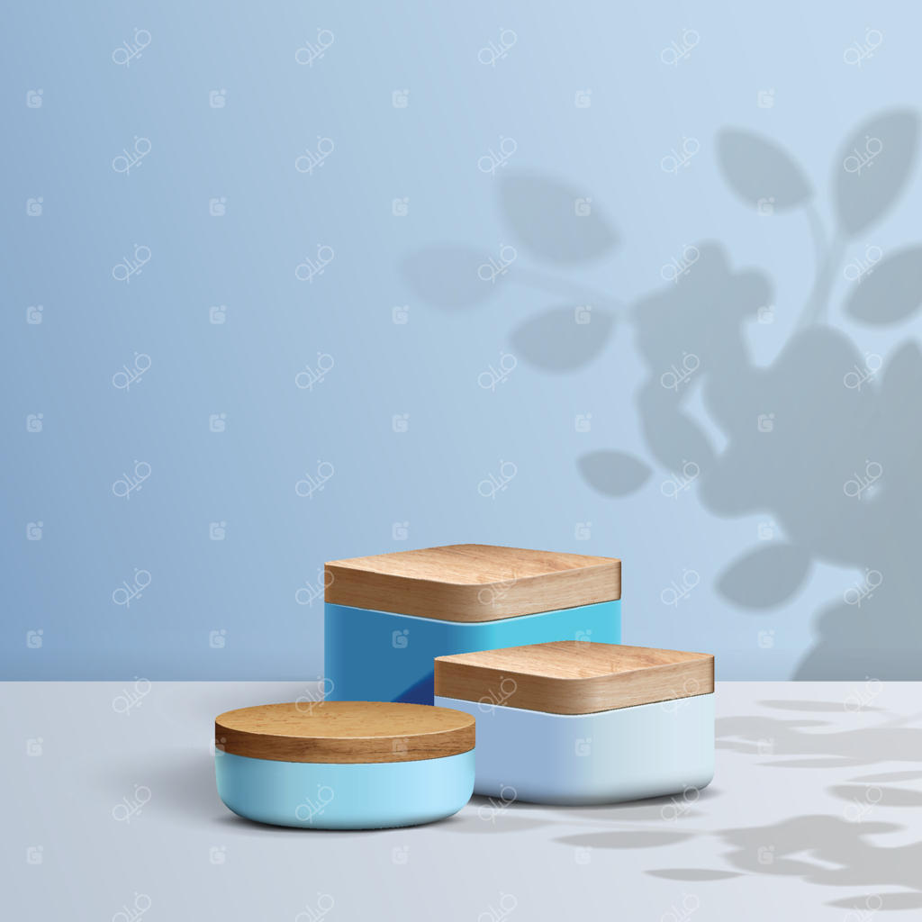 پس‌زمینه‌ای برای صحنه محصول: سکوی نمایش چوبی و آبی روی پس‌زمینه سفید برای آرایش و محصولات اسپا. صحنه سه‌بعدی برای نمایش استودیویی محصولات.