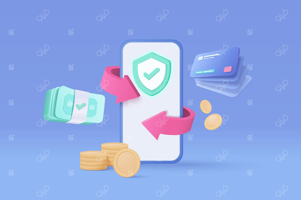 بازپرداخت سه‌بعدی وجه با کارت اعتباری و کیف پول در اپلیکیشن موبایل - مفهوم پرداخت آنلاین و صرفه‌جویی در هزینه - رندر کارت اعتباری و بازپرداخت سه‌بعدی برای تجارت بانکی