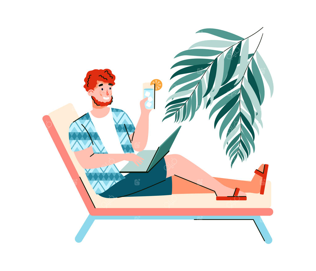 شخصیت کارتونی مرد فریلنسر، کار کردن با لپ‌تاپ زیر درخت نخل، کار فریلنس و دورکاری.