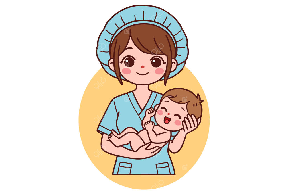 مامای خندان نوزاد تازه متولد شده را در آغوش گرفته است