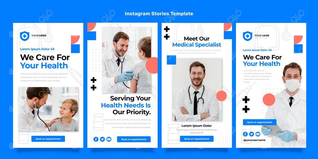 استوری‌های اینستاگرام برای مراقبت‌های پزشکی با طراحی فلت.