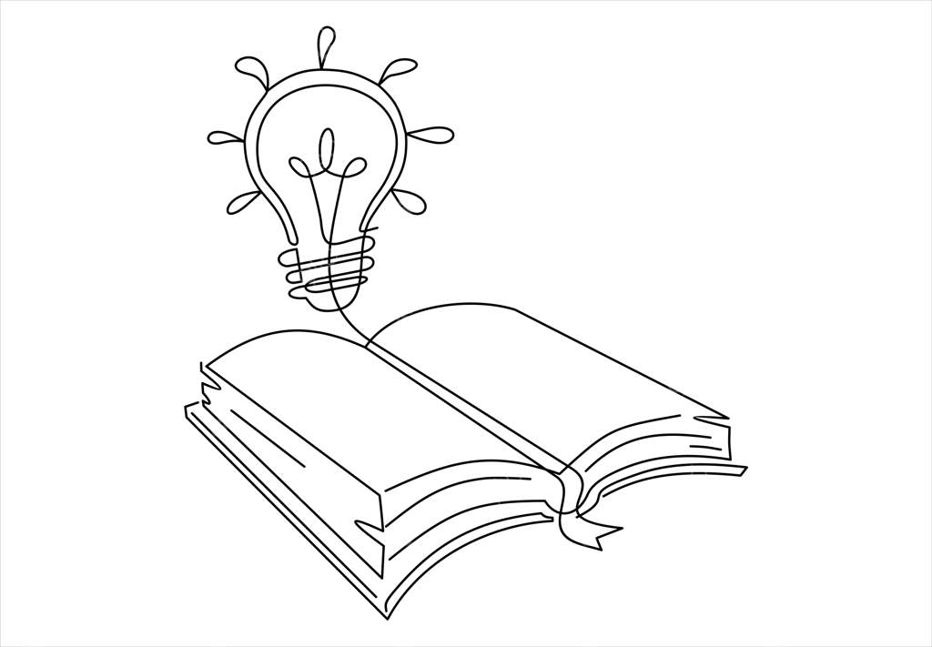 طراحی خطی تکی از لامپ روشن بالای هویت لوگوی کتاب باز