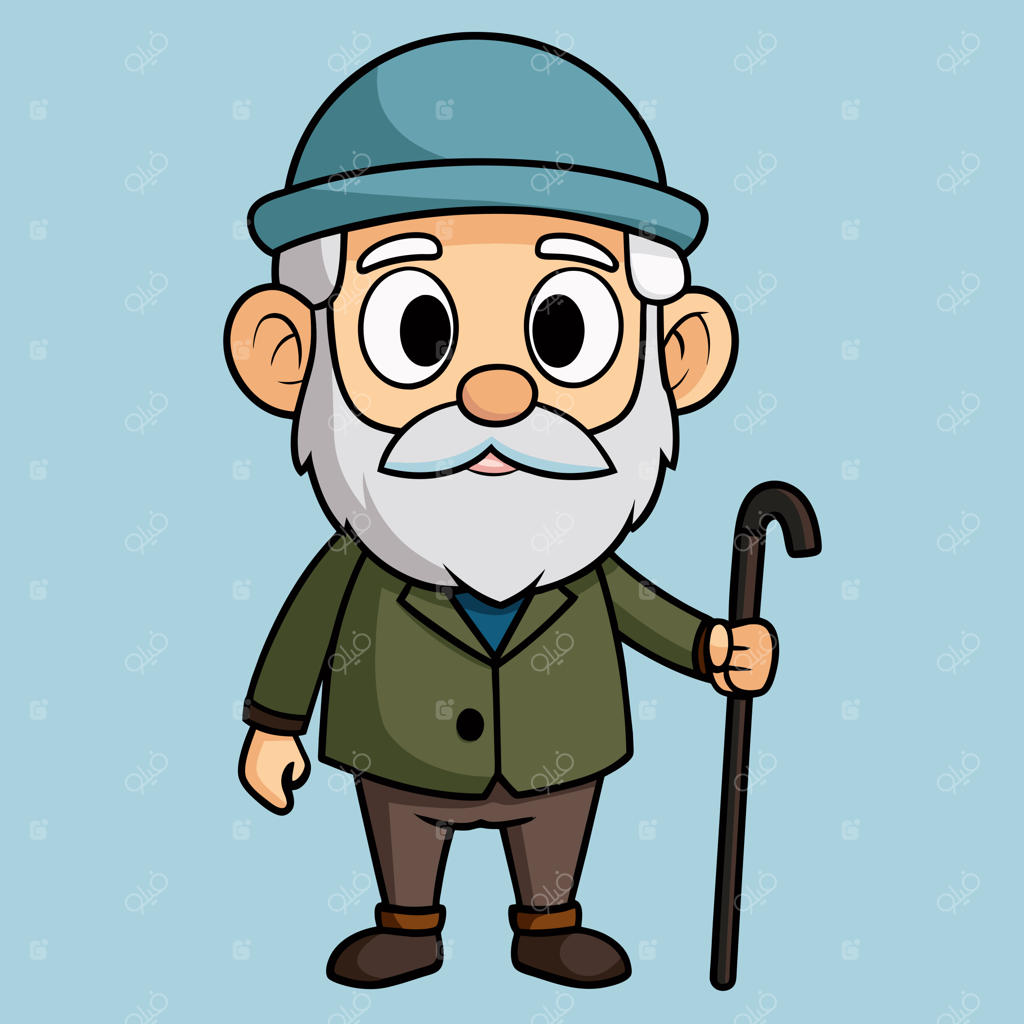 تصویر کارتونی پیرمرد با عصا و کلاه