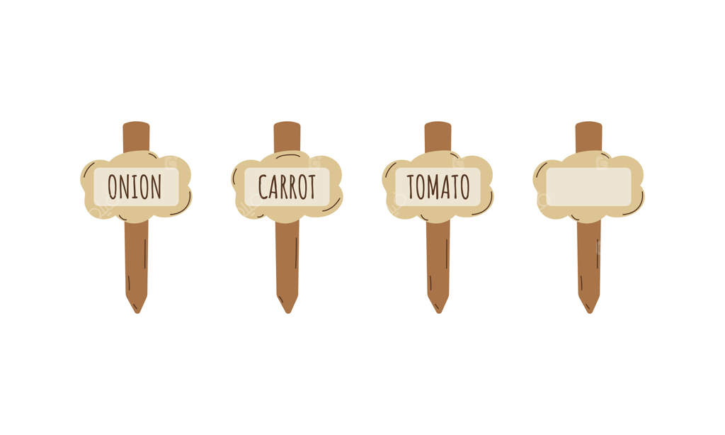 نشانه‌گذارها یا برچسب‌های گیاهی: مجموعه‌ای از علائم باغ. طرح فلت کارتونی. جدا شده بر روی زمینه سفید. علائم باغ برای گیاهان.