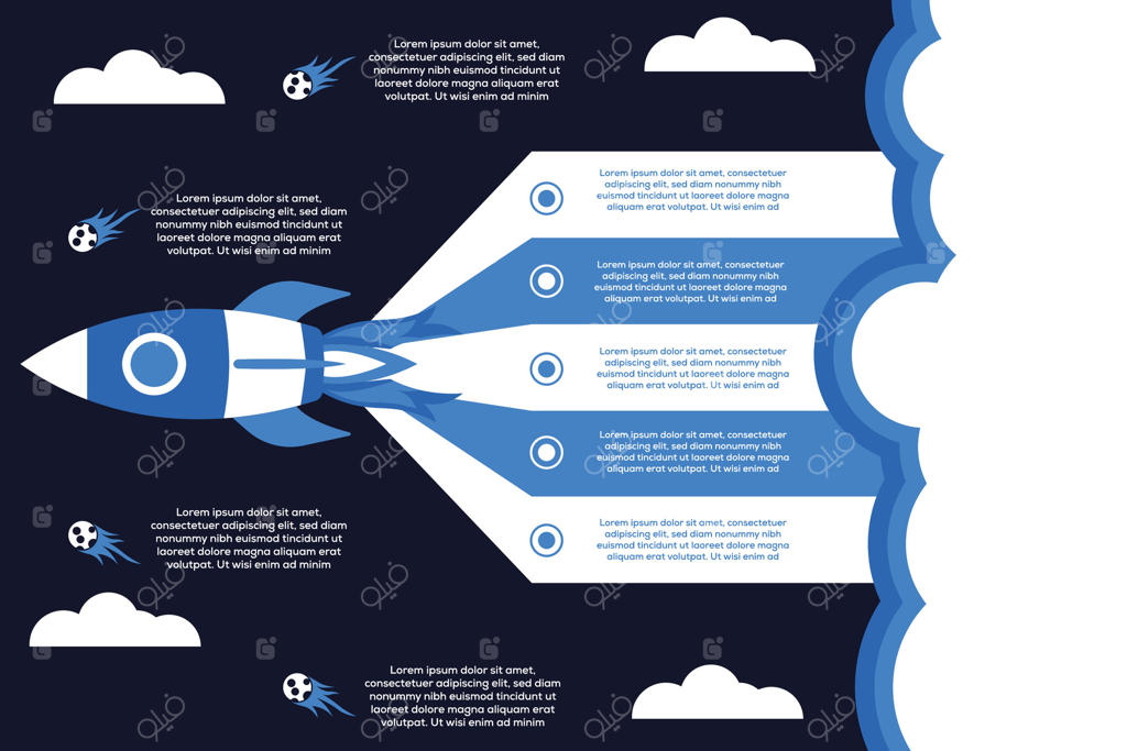 اینفوگرافیک استارتاپ موشک با فلش‌های زمانی و آیکون‌ها در پس‌زمینه تیره