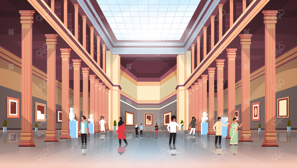 گردشگران در سالن موزه تاریخی کلاسیک با ستون‌ها و سقف شیشه‌ای در حال تماشای مجموعه‌ای از آثار باستانی و مجسمه‌ها