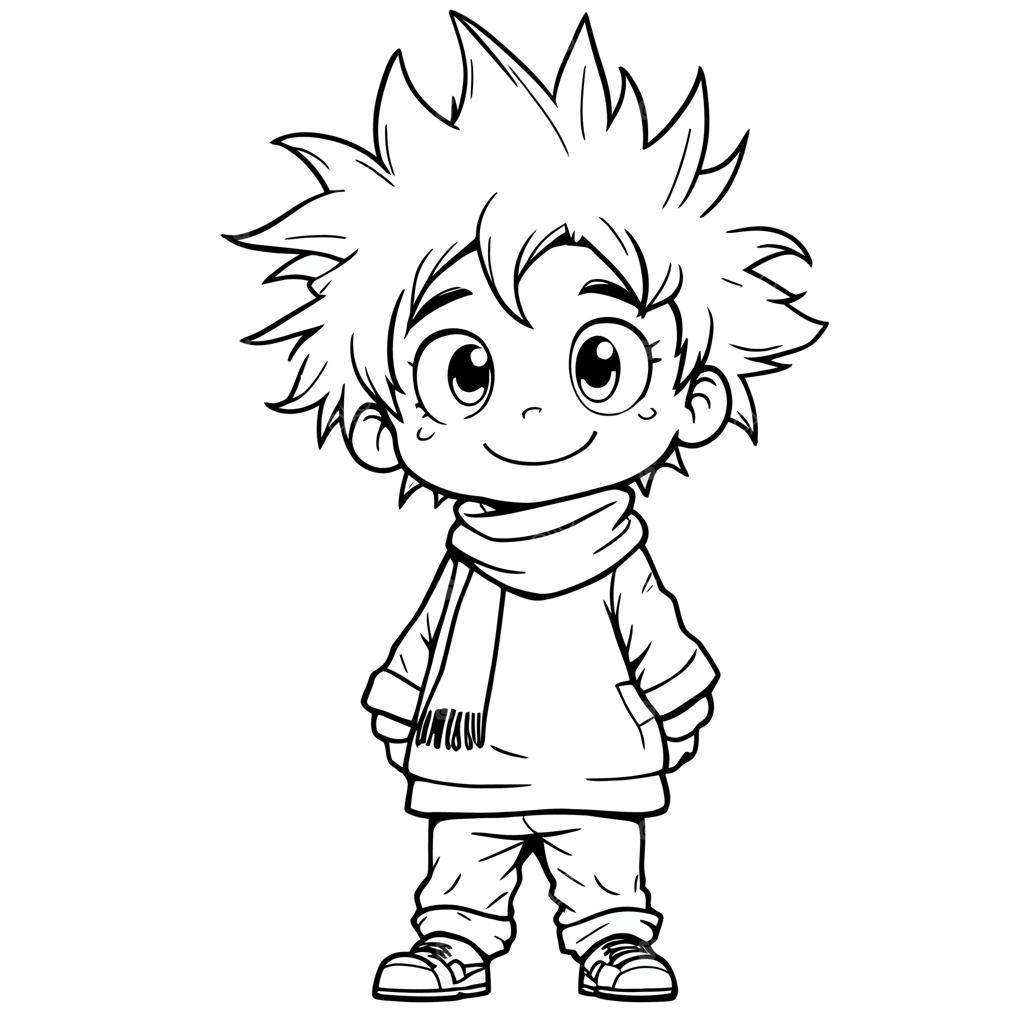 صفحه رنگ‌آمیزی پسر کوچک و بامزه با موهای سیخ‌سیخی، شال‌گردن و هودی