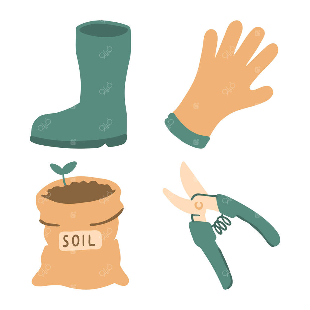 تصویر نقاشی شده از چکمه‌ها، دستکش باغبانی، خاک و قیچی باغبانی