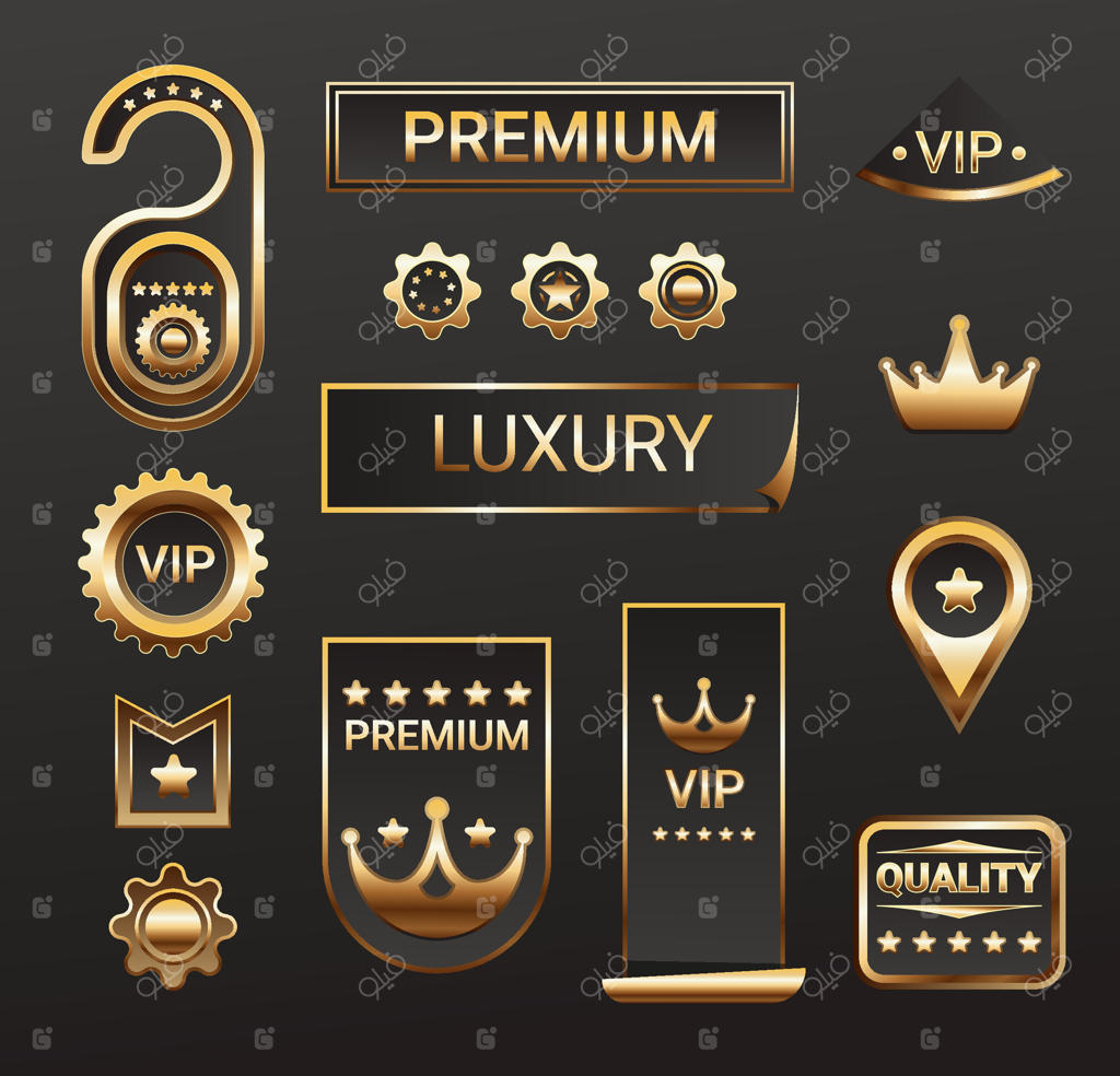 برچسب‌ها و بنرهای لوکس طلایی، روبان‌های گواهینامه کیفیت ویژه، نشان‌ها. برچسب‌ها و بنرهای وی‌آی‌پی و کیفیت ممتاز با مهرهای محصول برتر و بنرها با تاج طلایی