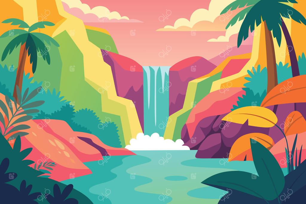 منظره کارتونی آبشار رنگارنگ با درختان نخل، گیاهان عجیب، آسمان صورتی و کوه‌ها