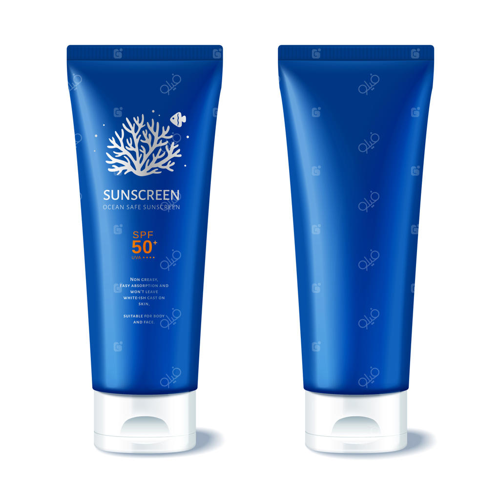 ضد آفتاب ایمن برای اقیانوس در بسته‌بندی پلاستیکی - تصویرسازی سه‌بعدی