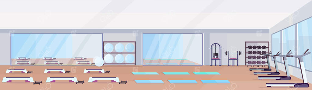 سالن تناسب اندام: تجهیزات ورزشی و سبک زندگی سالم - فضای داخلی باشگاه خالی از افراد، دارای تشک، توپ‌های ورزشی، دمبل، استپ‌های تمرینی و آینه‌ها