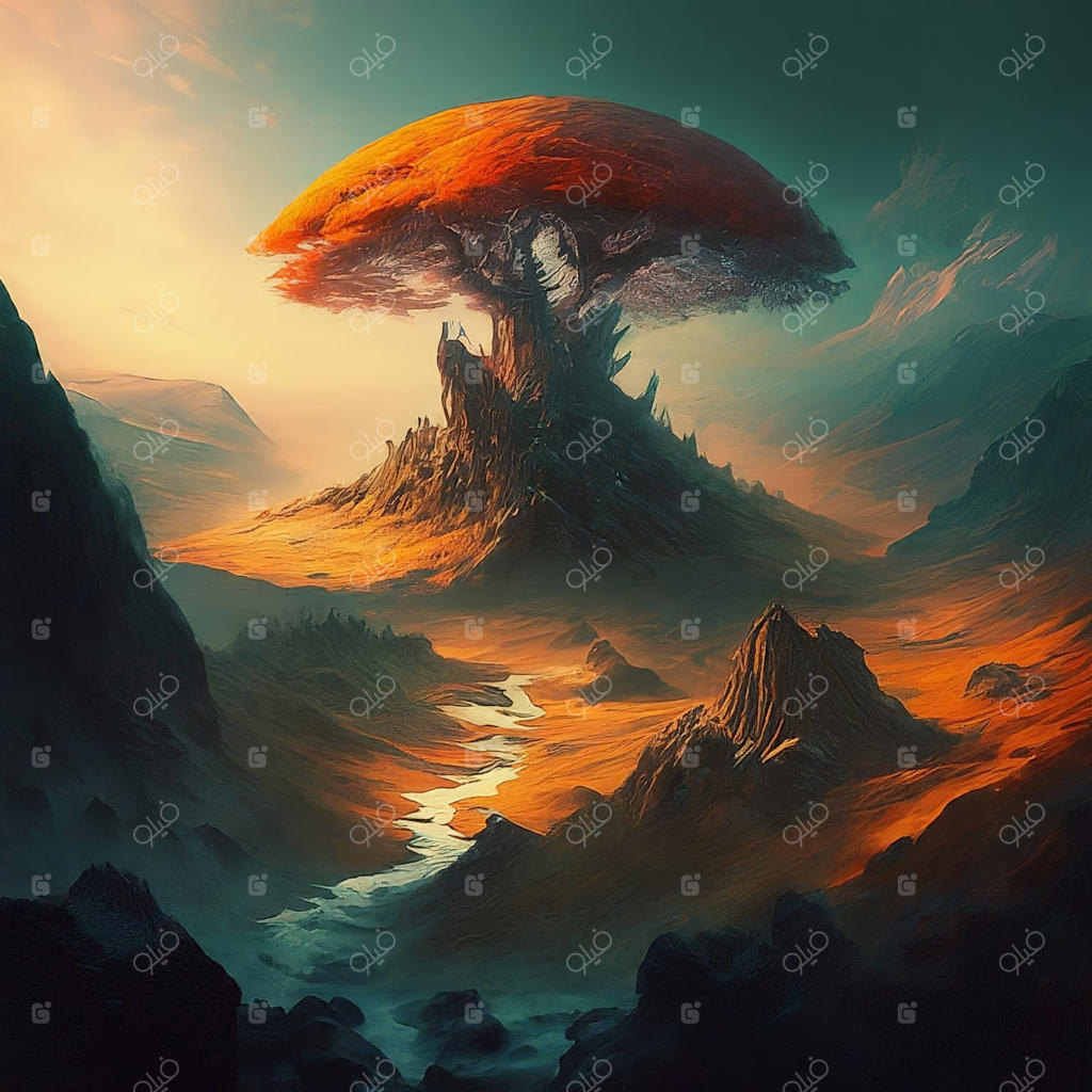 نقاشی کوه با قارچ قرمز روی آن