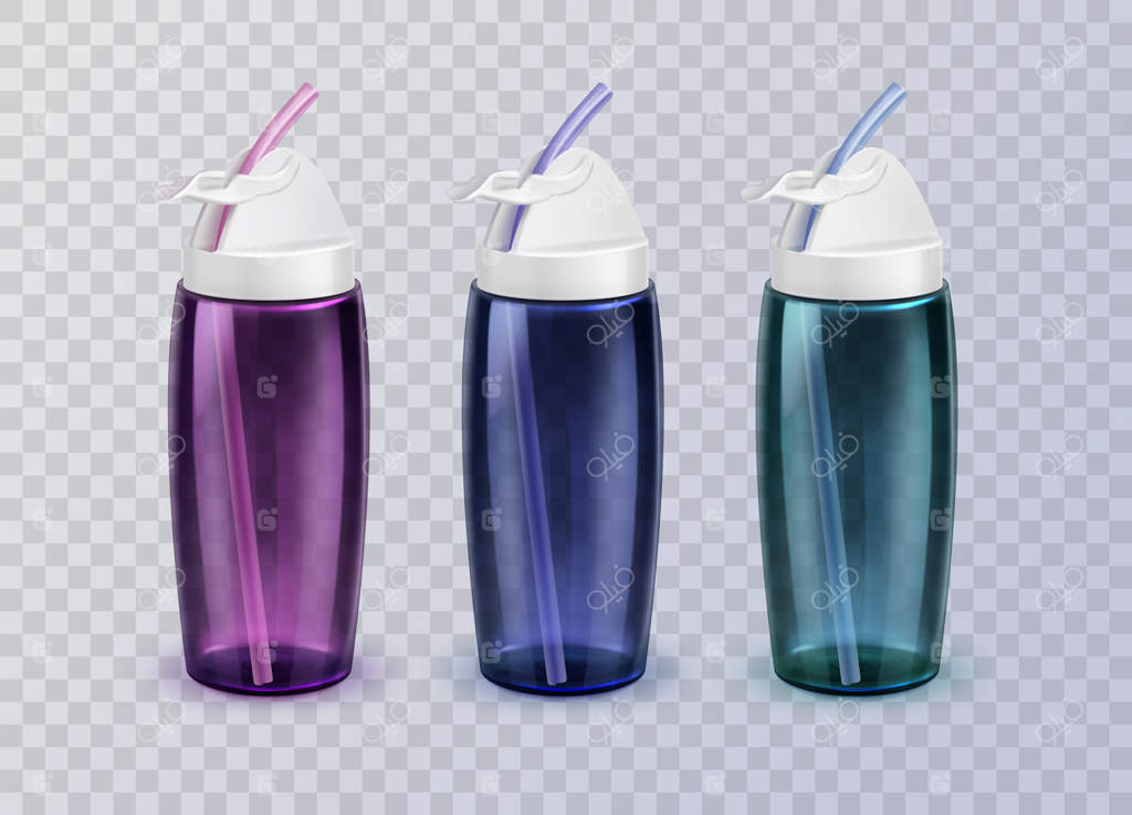 قمقمه‌های ورزشی بنفش، آبی و فیروزه‌ای با نی روی پس‌زمینه شفاف