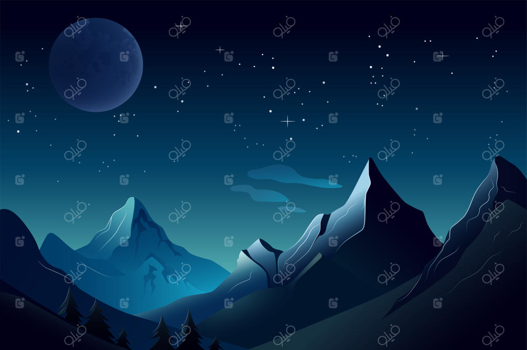 پس‌زمینه کارتونی کوه‌های شب در یک تصویر خیالی و شگفت‌انگیز
