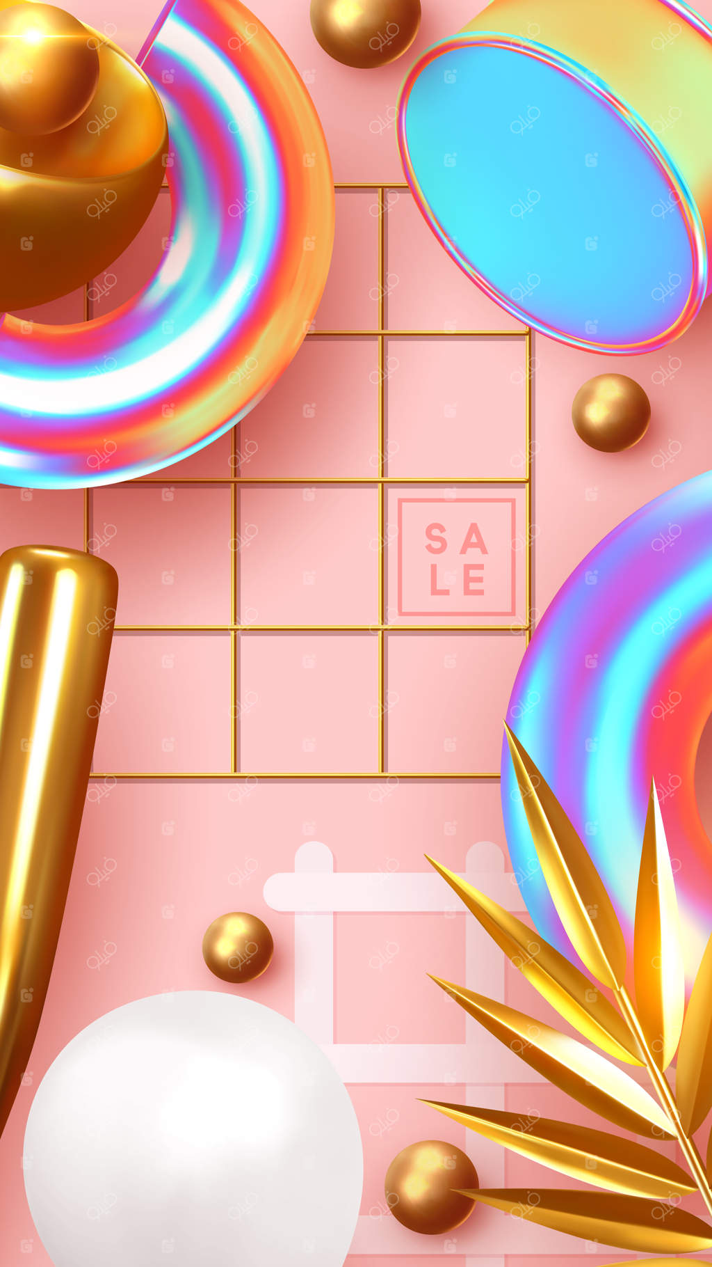 پس‌زمینه مینیمال و خلاقانه انتزاعی: طراحی واقع‌گرایانه اجسام سه‌بعدی با شکل‌های متفاوت، برگ‌های طلایی نخل، کره و گوی طلایی، الگو با اشکال هندسی. بنر و پوستر. تصویرسازی وکتور