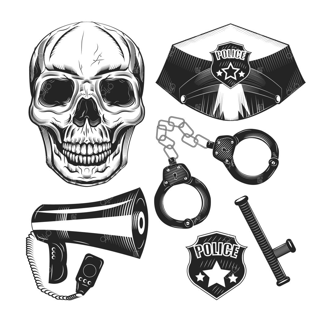 مجموعه تجهیزات پلیس و جمجمه بر روی زمینه سفید.