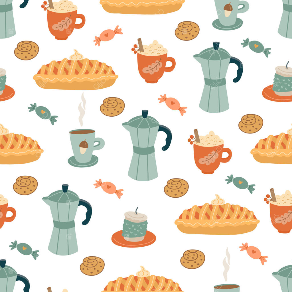 پترن پاییزی یکپارچه با قوری‌های موکا، پای سیب، فنجان‌های قهوه، کوکی‌ها و آب‌نبات‌ها. مناسب برای پارچه‌های گرمابخش فصلی، منسوجات آشپزخانه، کاغذ دیواری و پس‌زمینه‌های پاییزی
