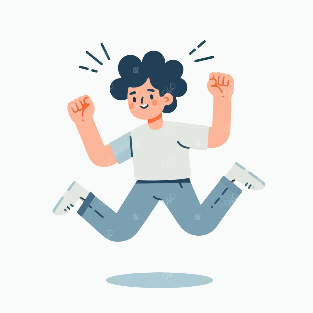 وکتور نوجوان مو فرفری در حال پریدن با خوشحالی، با سبک طراحی فلت، ساده و مینیمال