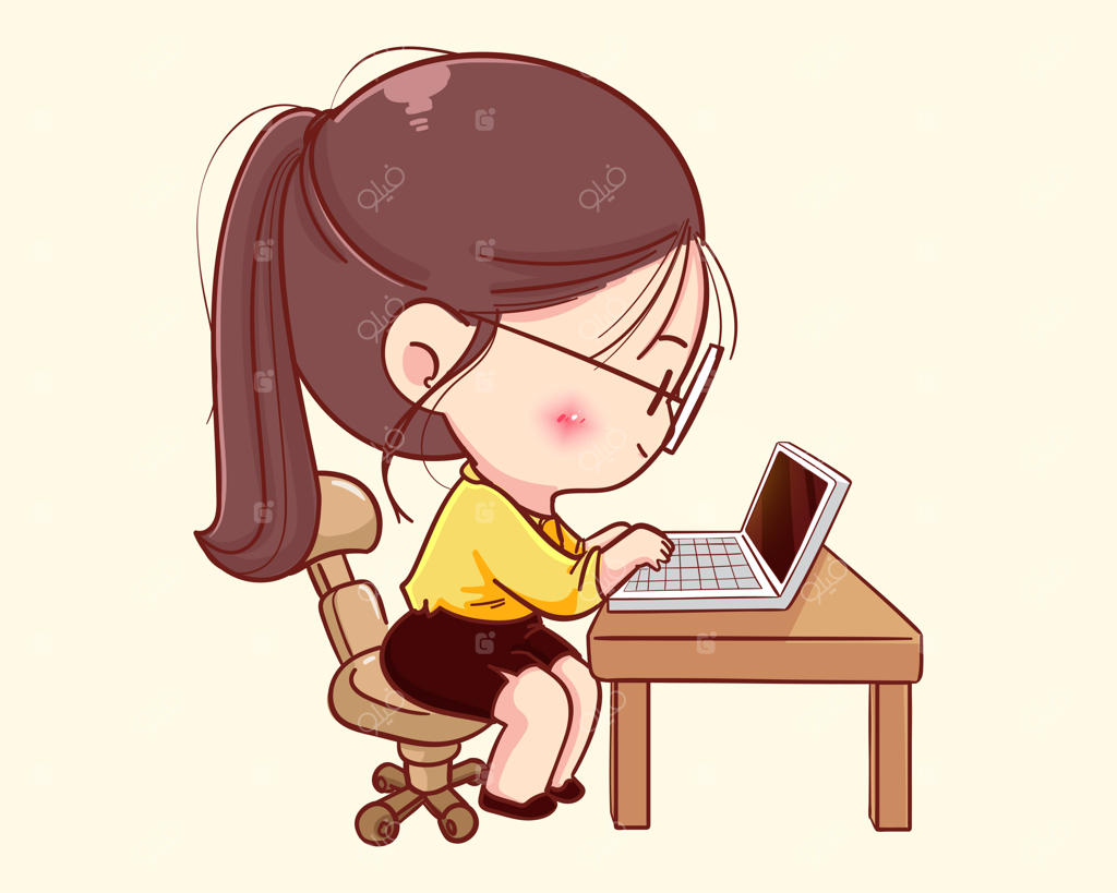 تصویر کارتونی یک زن جوان تاجر در حال کار با لپ‌تاپ