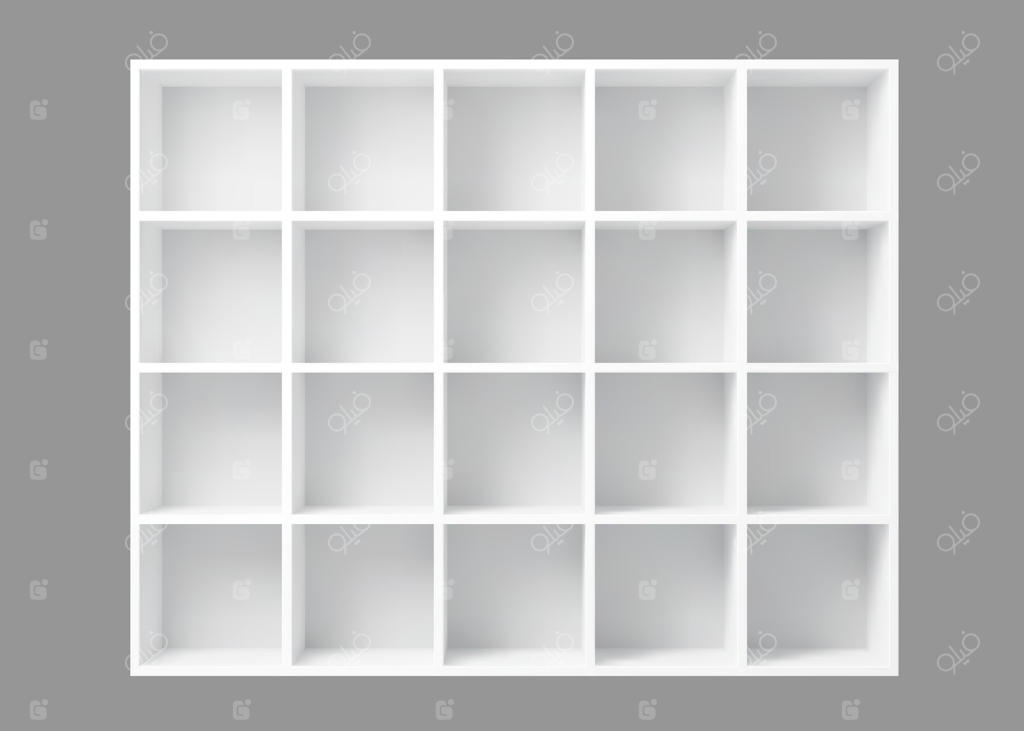 ماکت سه‌بعدی واقعی قفسه کتاب سفید و خالی