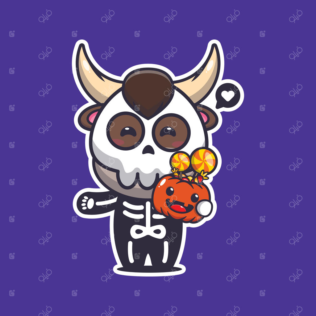 گاو در لباس اسکلت با کدو تنبل هالووین. تصویر کارتونی بامزه هالووین.