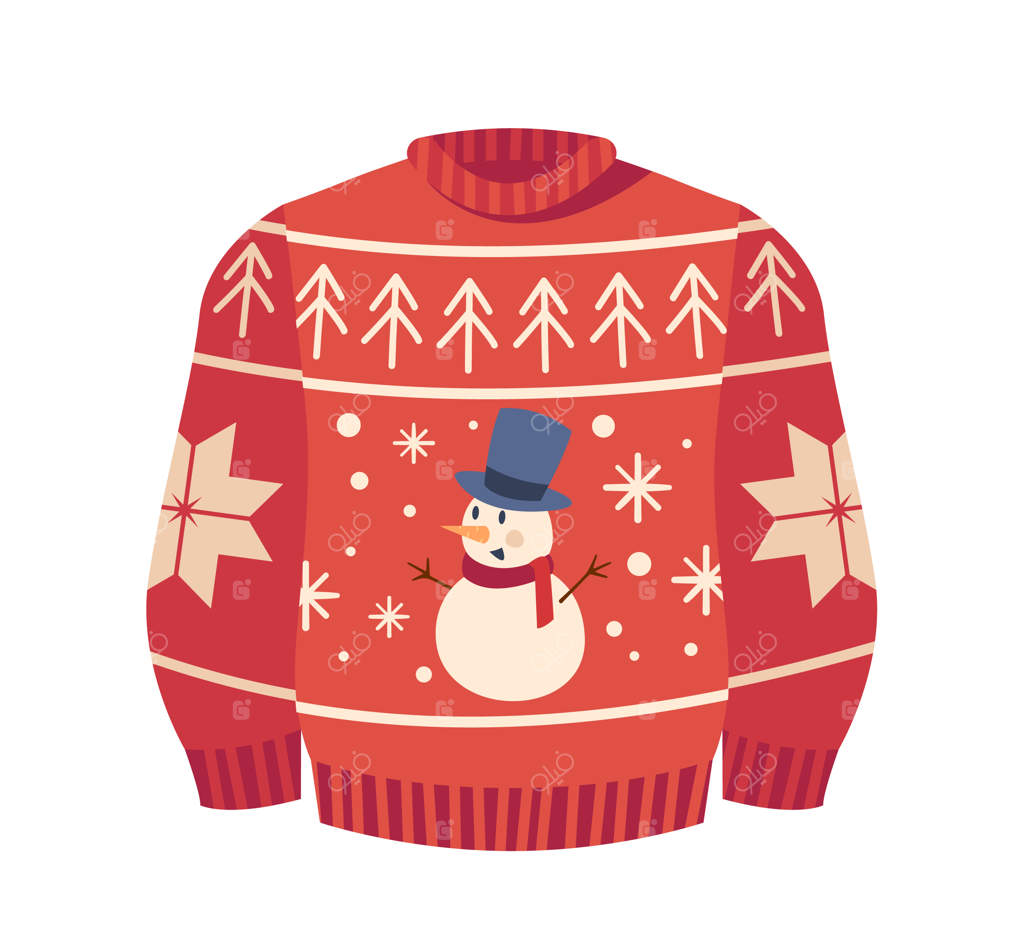 پلیور قرمز بافتنی سنتی کریسمس با آدم‌برفی، درخت کاج و دانه‌های برف - لباسی گرم و راحت