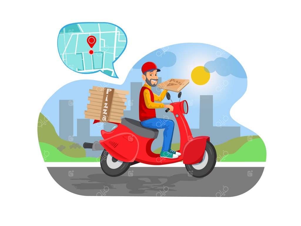 پیک موتوری پیتزا: منظره شهری با پیک سریع غذا در حال رانندگی