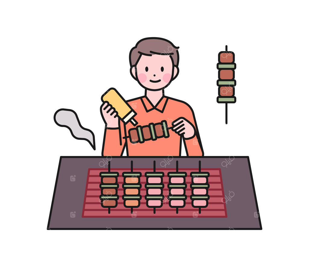 غذاهای خیابانی کره‌ای: فردی که جوجه کباب‌ها را گریل کرده و روی آن‌ها سس می‌ریزد