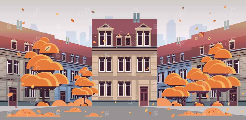 خیابان شهر پاییزی با نمای مدرن ساختمان‌ها - تصویر افقی وکتور