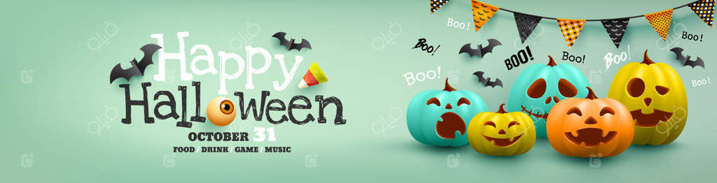 قالب پوستر و بنر هالووین با کدو تنبل رنگارنگ و خفاش؛ طرح وبسایت ترسناک، تصویر برداری وکتور EPS10