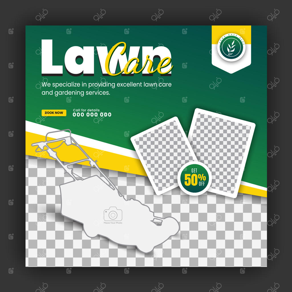 خدمات مدرن طراحی محوطه‌سازی و باغبانی برای قالب کاور شبکه‌های اجتماعی، تبلیغاتی کمپین کشاورزی و غذای ارگانیک، با طرح‌های انتزاعی سبز و زرد